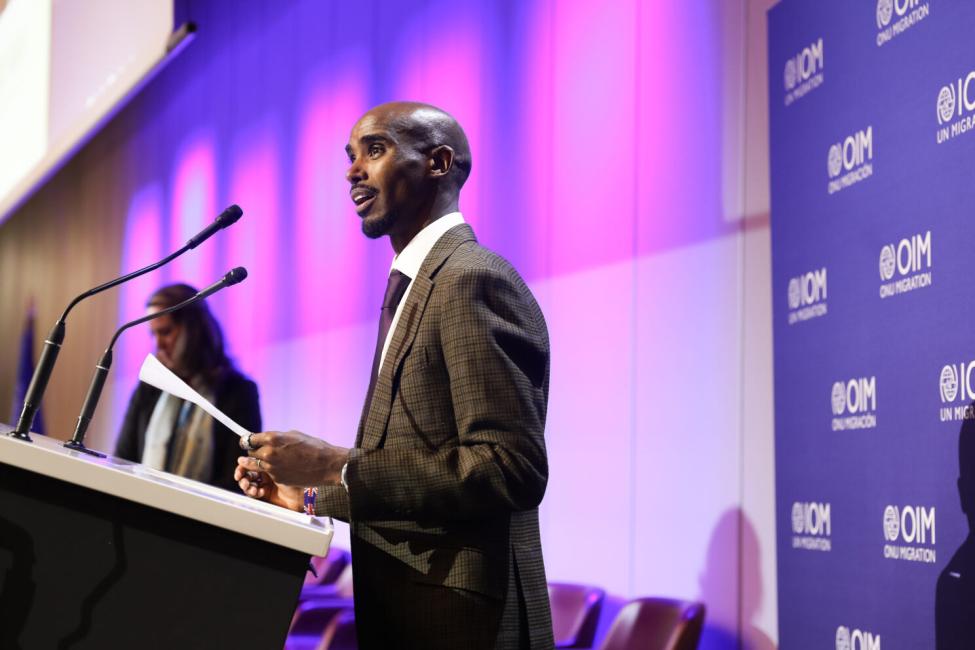 Sir Mo Farah is announced as IOM’s first global Goodwill Ambassador by Director General Amy Pope. Photo: IOM