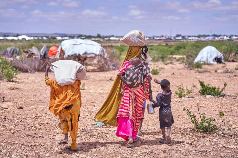 A Somali mother and her children displaced by flooding search for a place to take shelter among other families who have already found refuge on higher ground. Photo: IOM/ Ismail Abdihakim Ismail